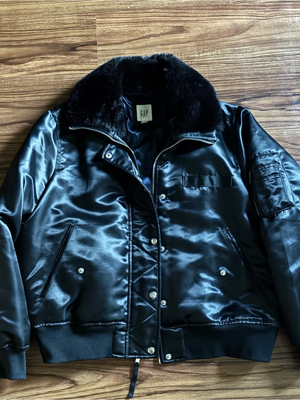 GAP Black Satin Bomber Jacket with Faux Fur Collar